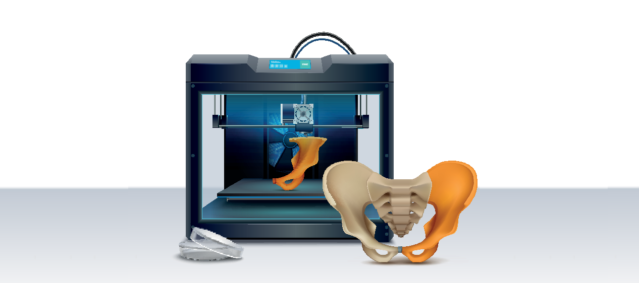 3D Printing: Better Surgery, Better Outcomes A 3D printer with printed pelvis models.