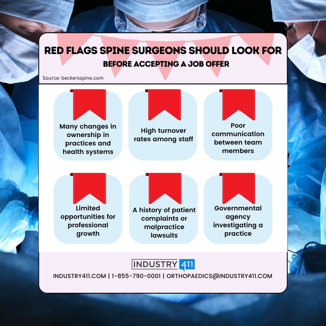 Red Flags Spine Surgeons Should Look For Infographic listing red flags for spine surgeons to consider before accepting a job offer.