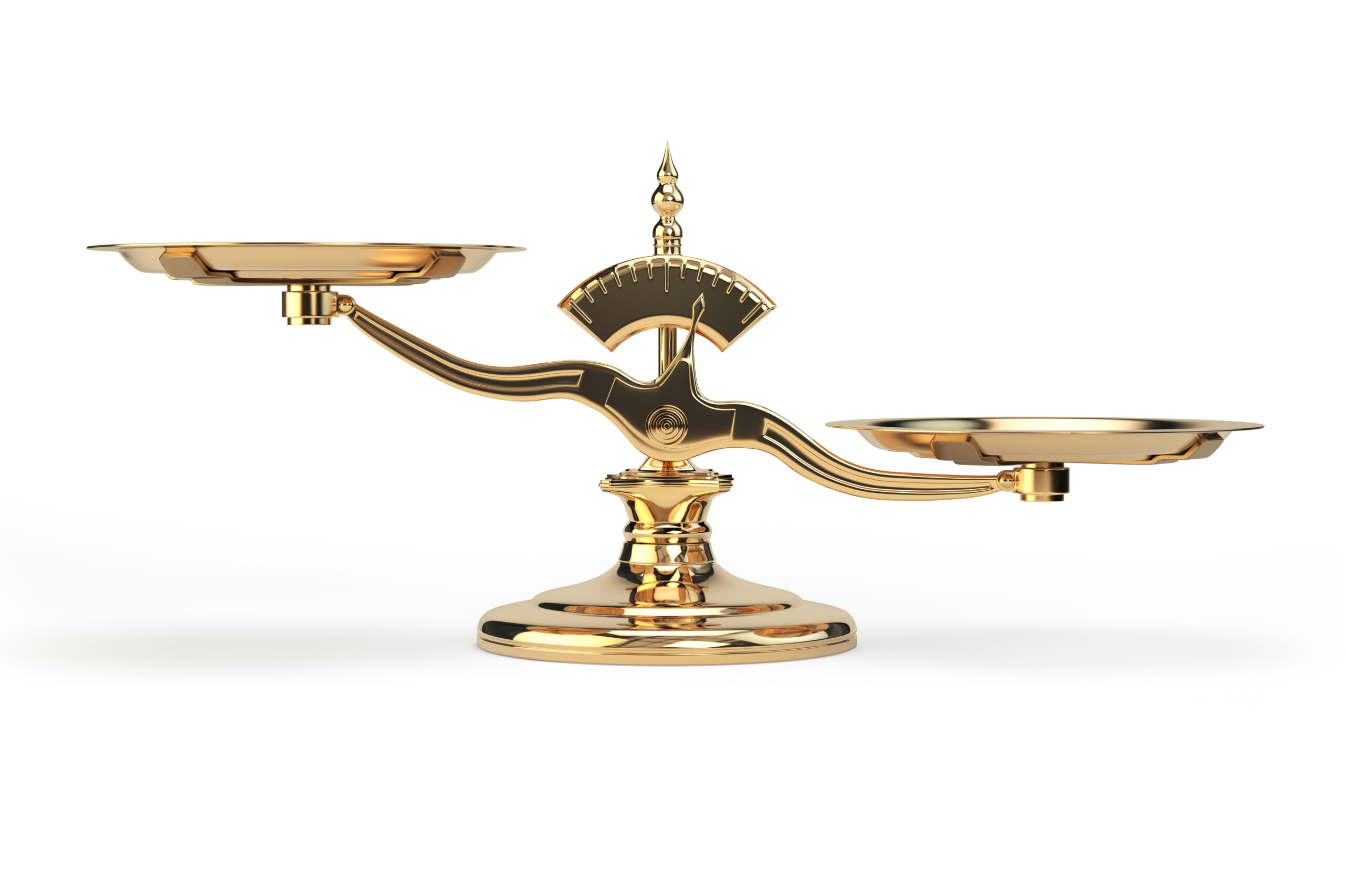 Balancing Act: Navigating the Decision Between Conservative and Surgical Approaches in Orthopaedic Injury Treatment A golden balance scale, symbolizing justice or measurement, stands isolated on a white background.