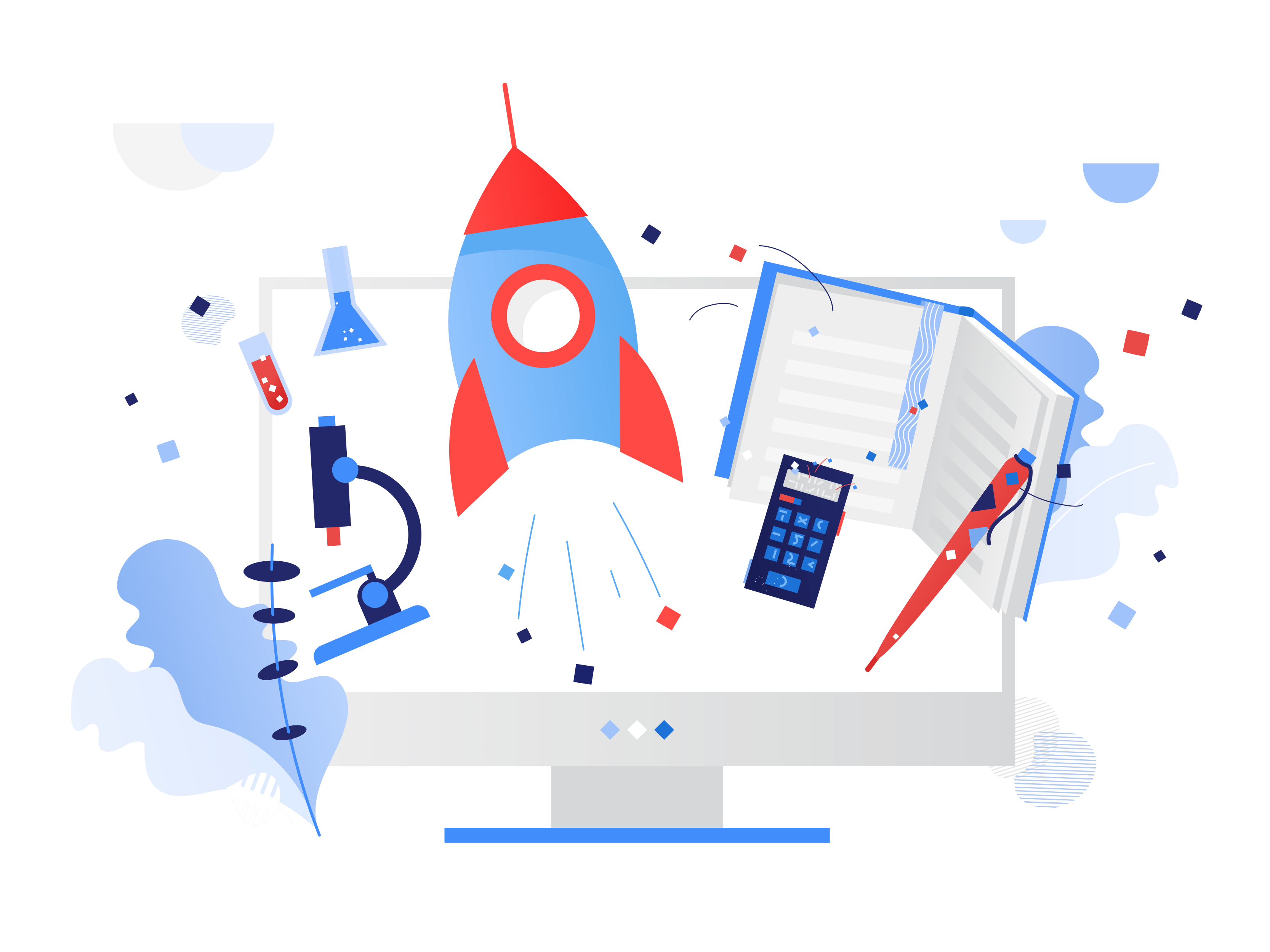 🚀 Learning Opportunity: Biportal Endoscopic Webinar! A dynamic educational scene with icons representing a rocket, microscope, calculator, and books, symbolizing online learning and innovation.