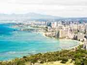 UCSF Pediatric and Adult Spine Course Panorama skyline view of Honolulu city and Waikiki beach in the pacific island of Oahu in Hawaii.