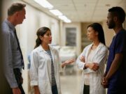 Ethics and Patient Care in Orthopaedic Surgery A group of healthcare professionals engage in a discussion in a hospital corridor.