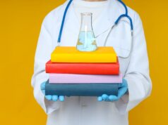The Role of Continuing Medical Education in Orthopaedics A medical professional holds a stack of colorful books with a laboratory flask on top, symbolizing the intersection of medical education and scientific research.