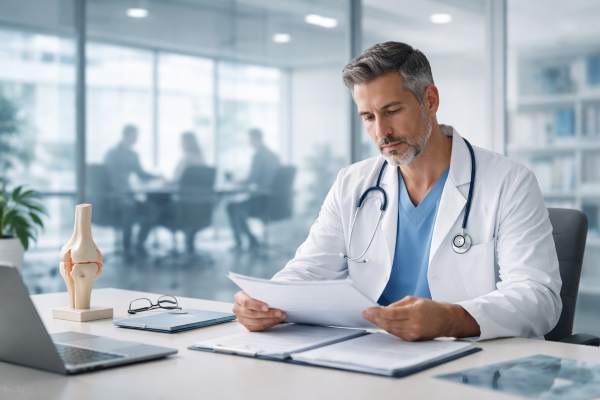 Surgeon reviewing paperwork