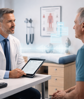 Quick Take: Are AI Scribes Ready for Orthopaedic Clinics? orthopaedic surgeon and patient consulation